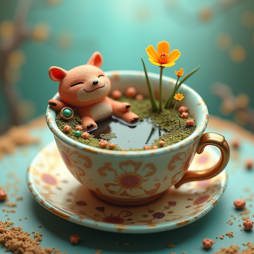 Whimsical Teacup Scene in Matte Painting Style