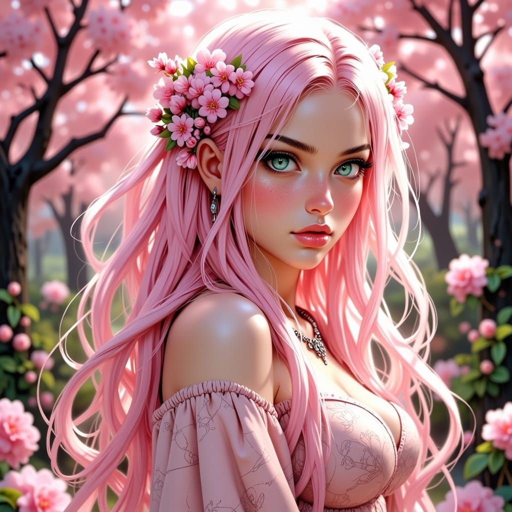 Ethereal Woman with Cherry Blossoms in Anime Style