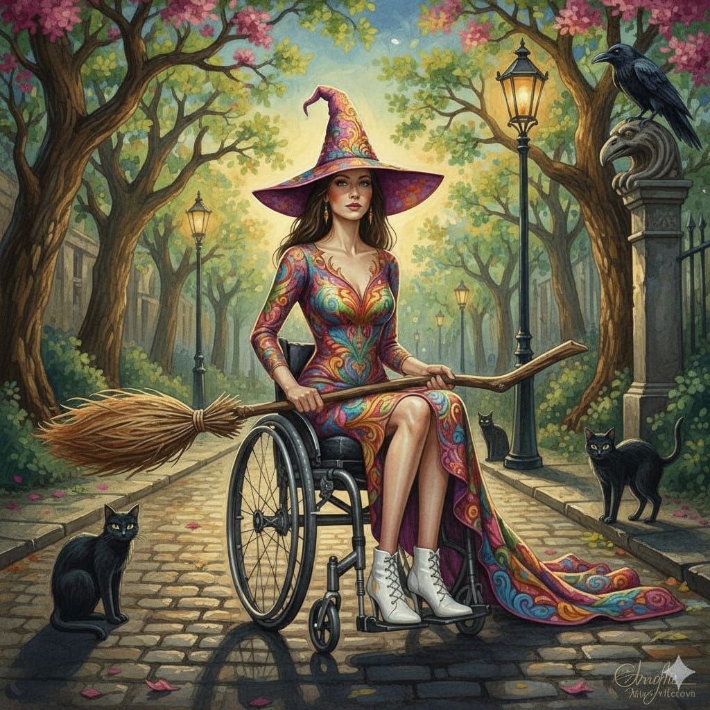 Elegant Paraplegic Witch in Spring City at Dusk