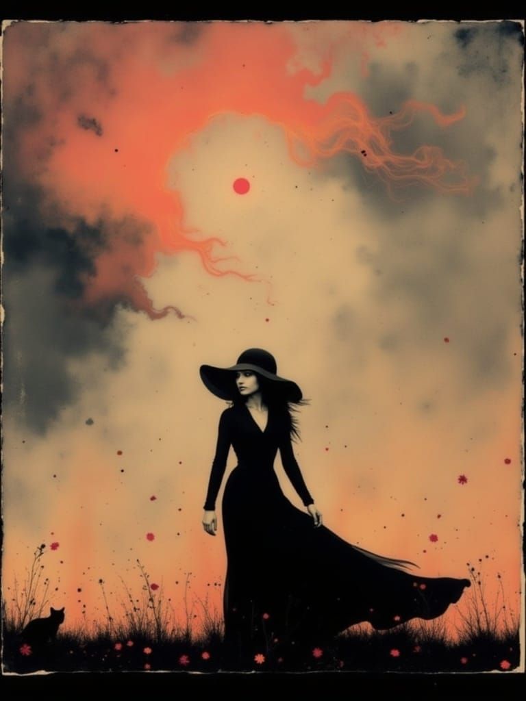 Goth Witch and Black Cat in Rainy Watercolor Style