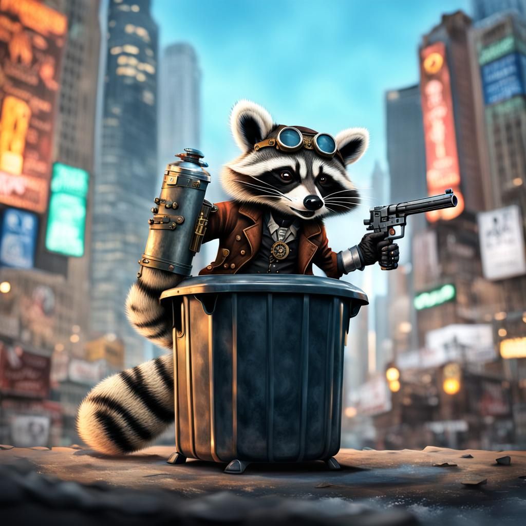 Steampunk Raccoon with Revolver in Dieselpunk City