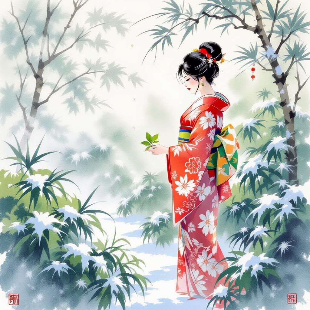 Winter Garden Serenity: Woman in Kimono Awaiting Sun
