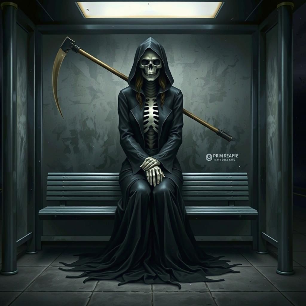 Grim Reaper Waiting at Bus Stop