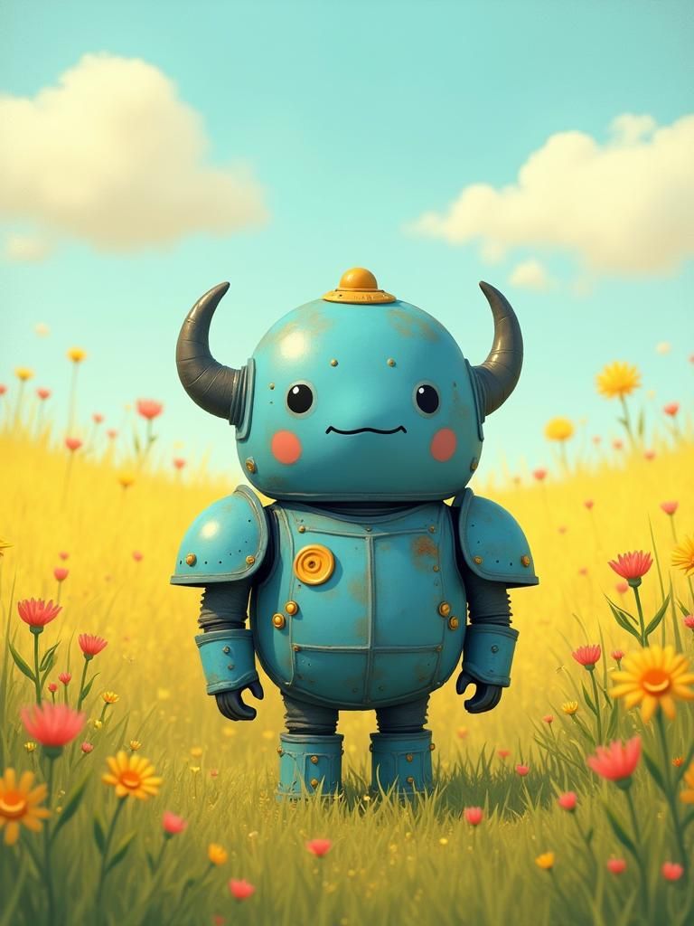 Retro Farmer Golem in Rainbow Field, Pastel Art