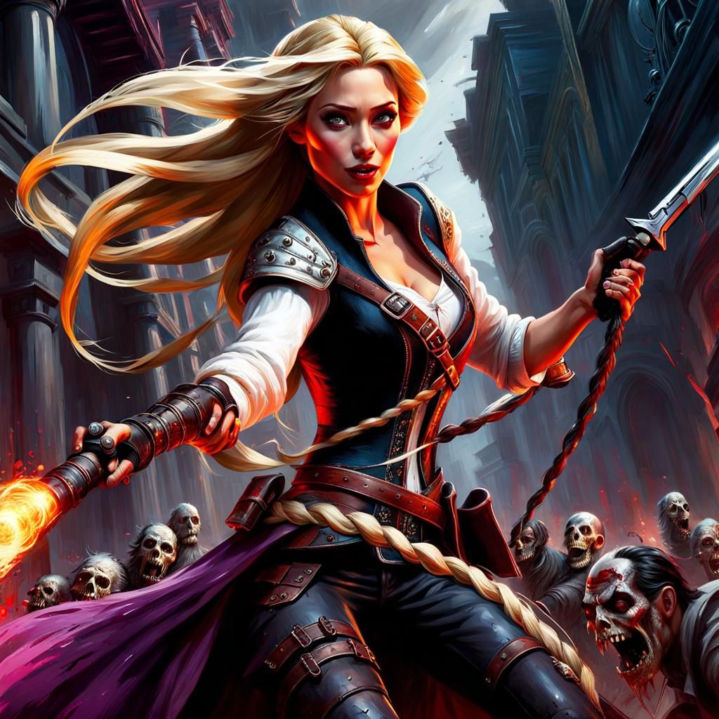 Post-Apocalyptic Rapunzel Slaying Zombies as Impasto Paintin...