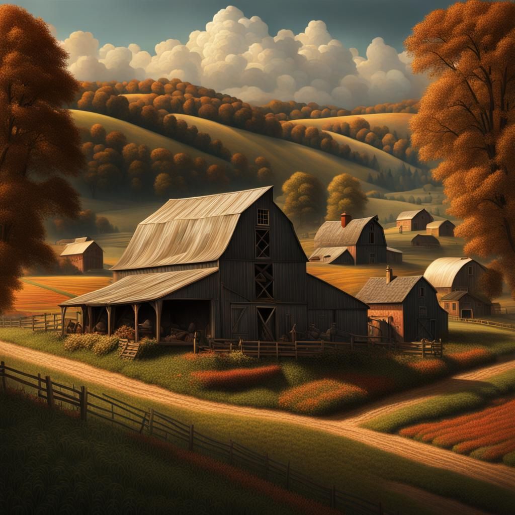 Farm Life in Regionalist Style Digital Painting