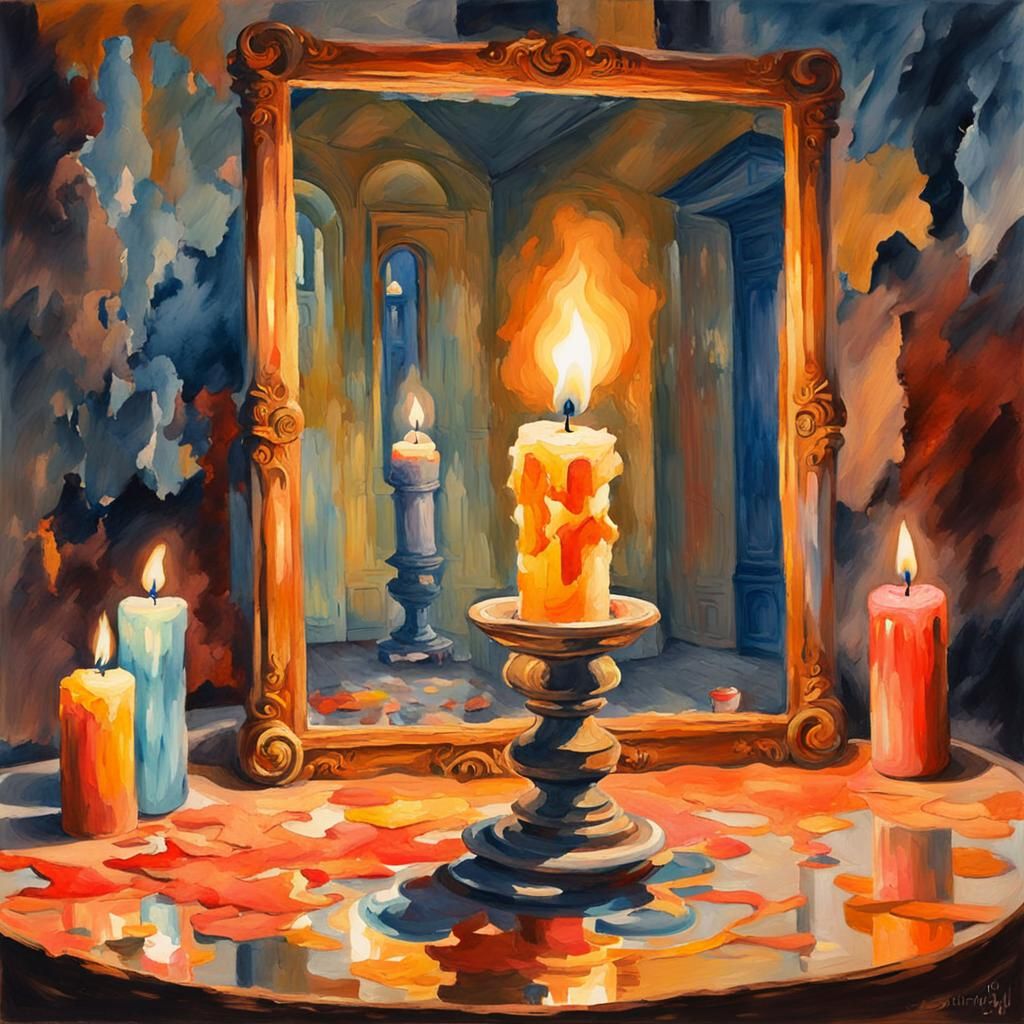 Candle in Mirror Room: Gouache Watercolor Style