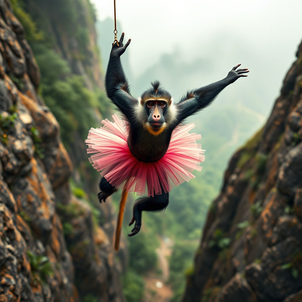 Mandrill in Tutu Plunges off Cliff: Hyper-Realistic Detail
