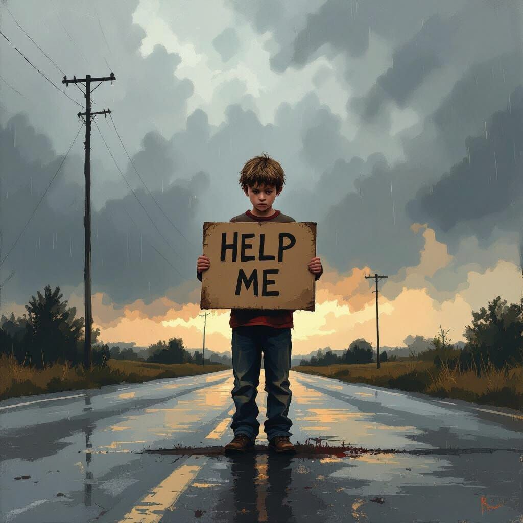 Distressed Boy Holds 'Help Me' Sign on Lonely Road