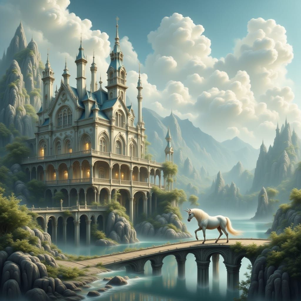 Unicorns and Pegasus Crossing Drawbridge to Cloud Palace