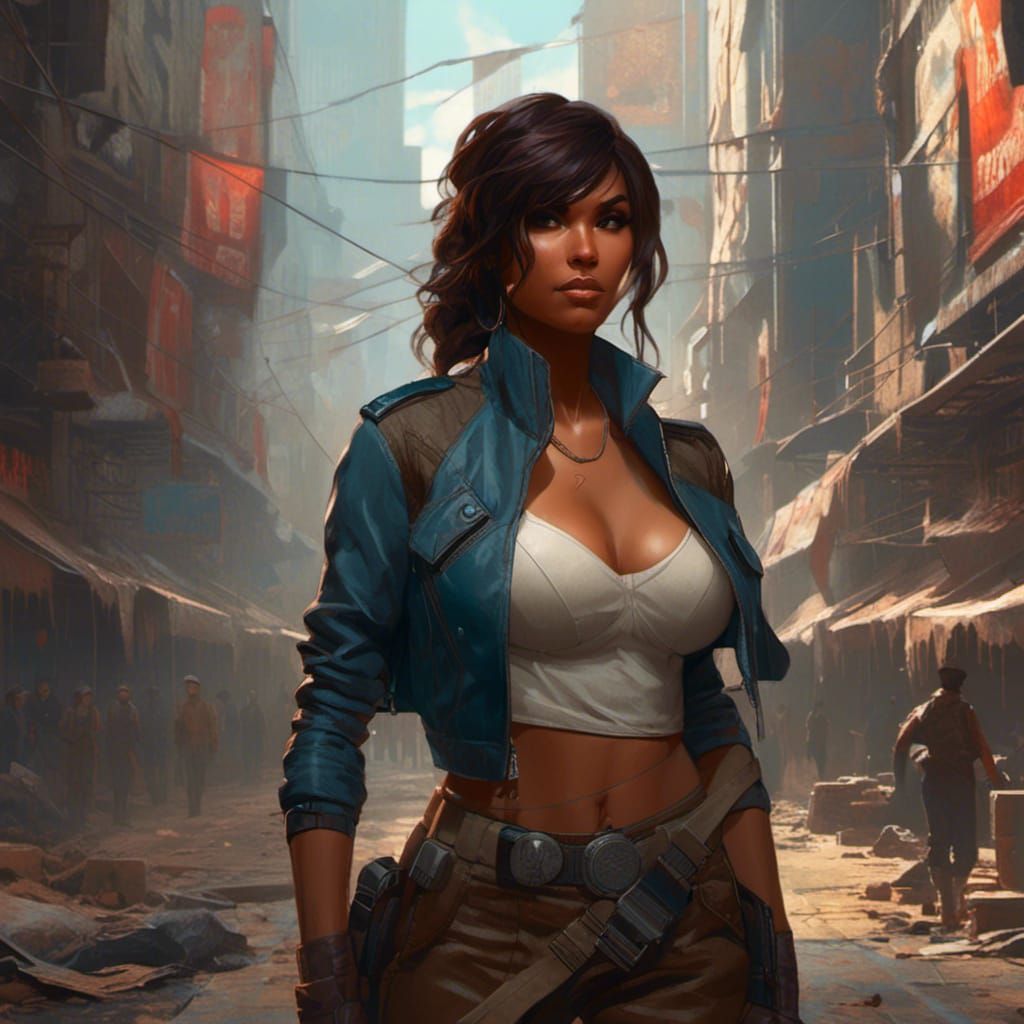 Korra in Cyberpunk Cityscape with Macabre Details