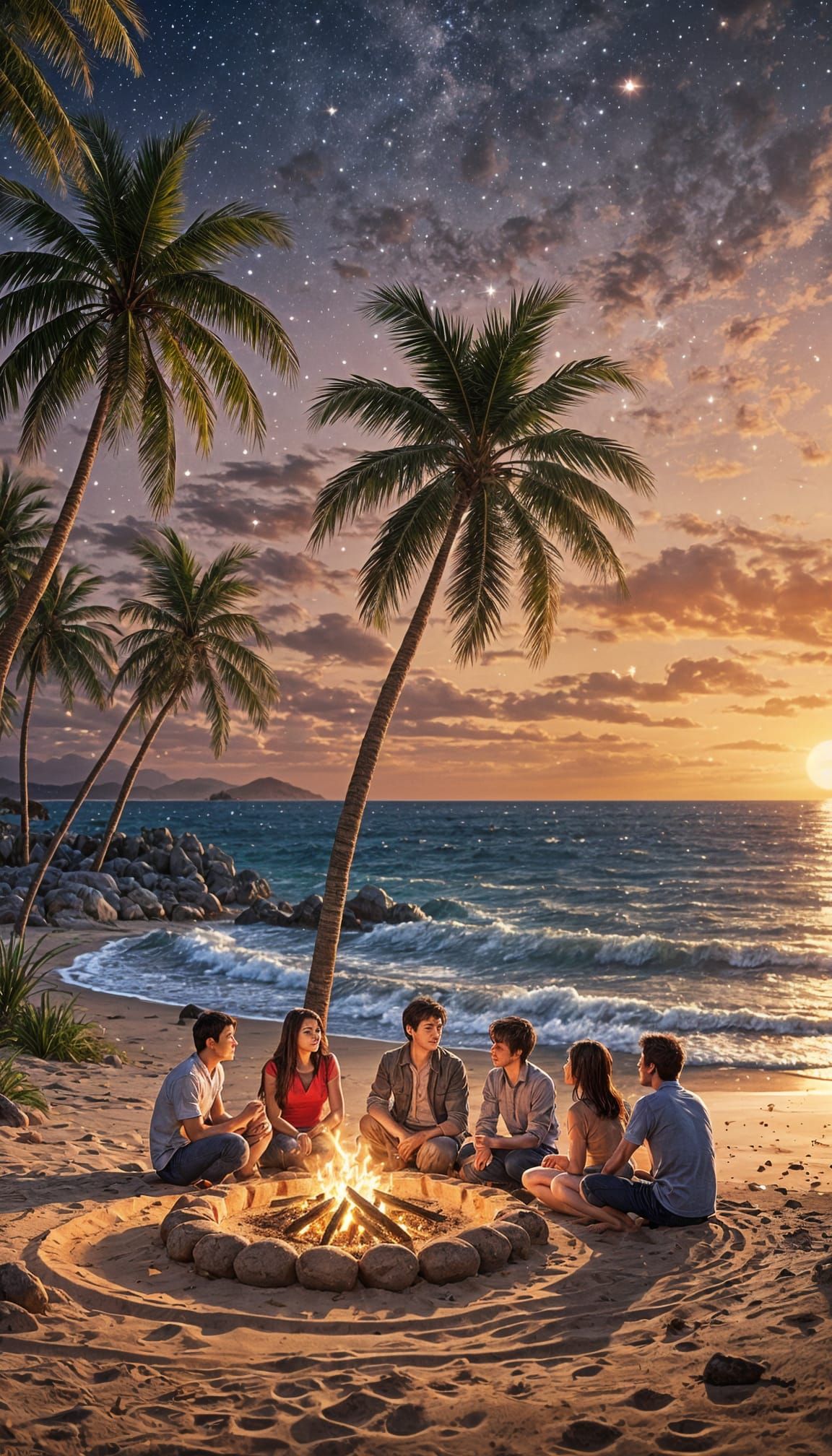 Bonfire on Red Sea Beach in Anime Style