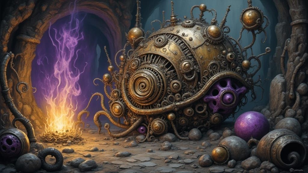 Ancient Machinery Catastrophe in Dark Fantasy Style