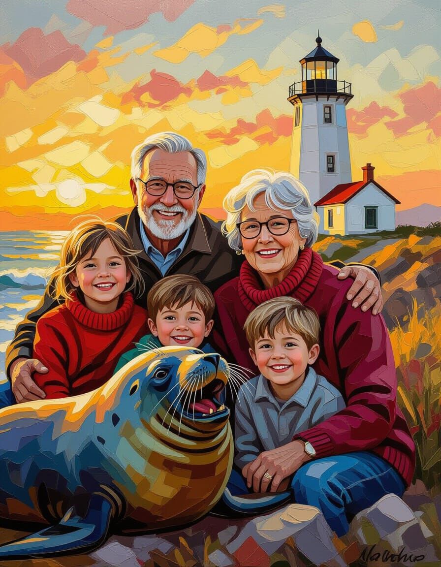 Family Portrait with Elephant Seal in Impasto Style