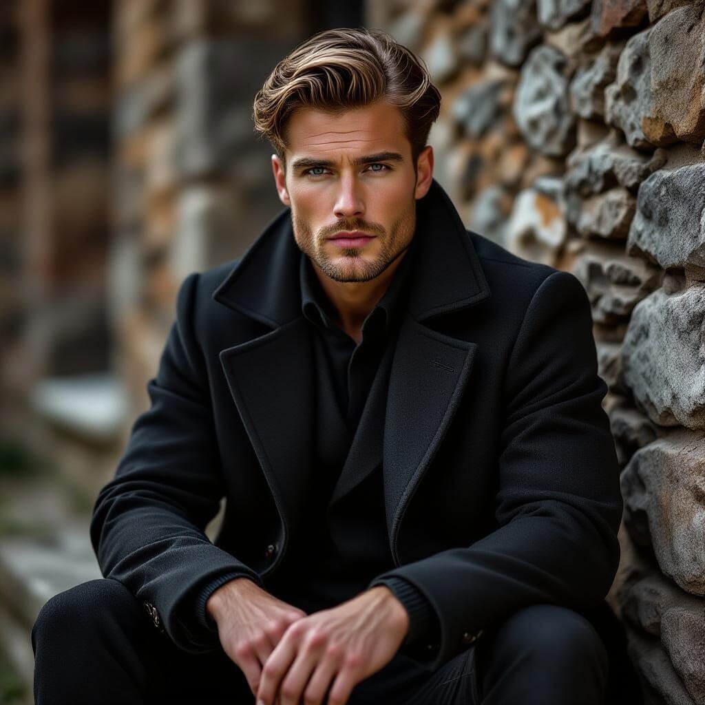 Elegant Man on Stone Wall, Digital Painting