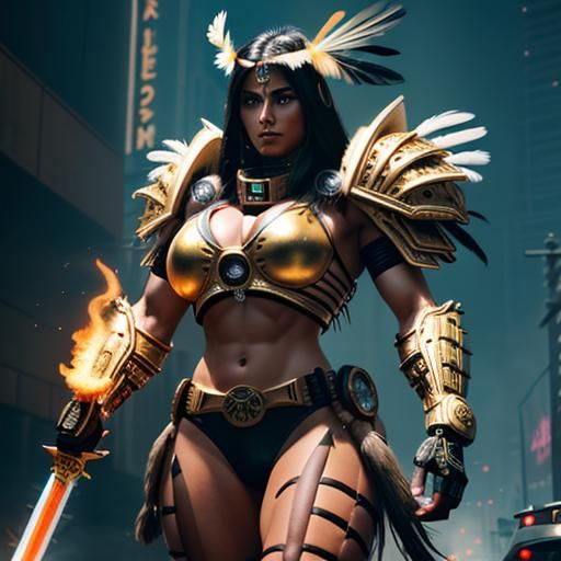 Aztec Warrior Woman in Cyberpunk Servo-Armor