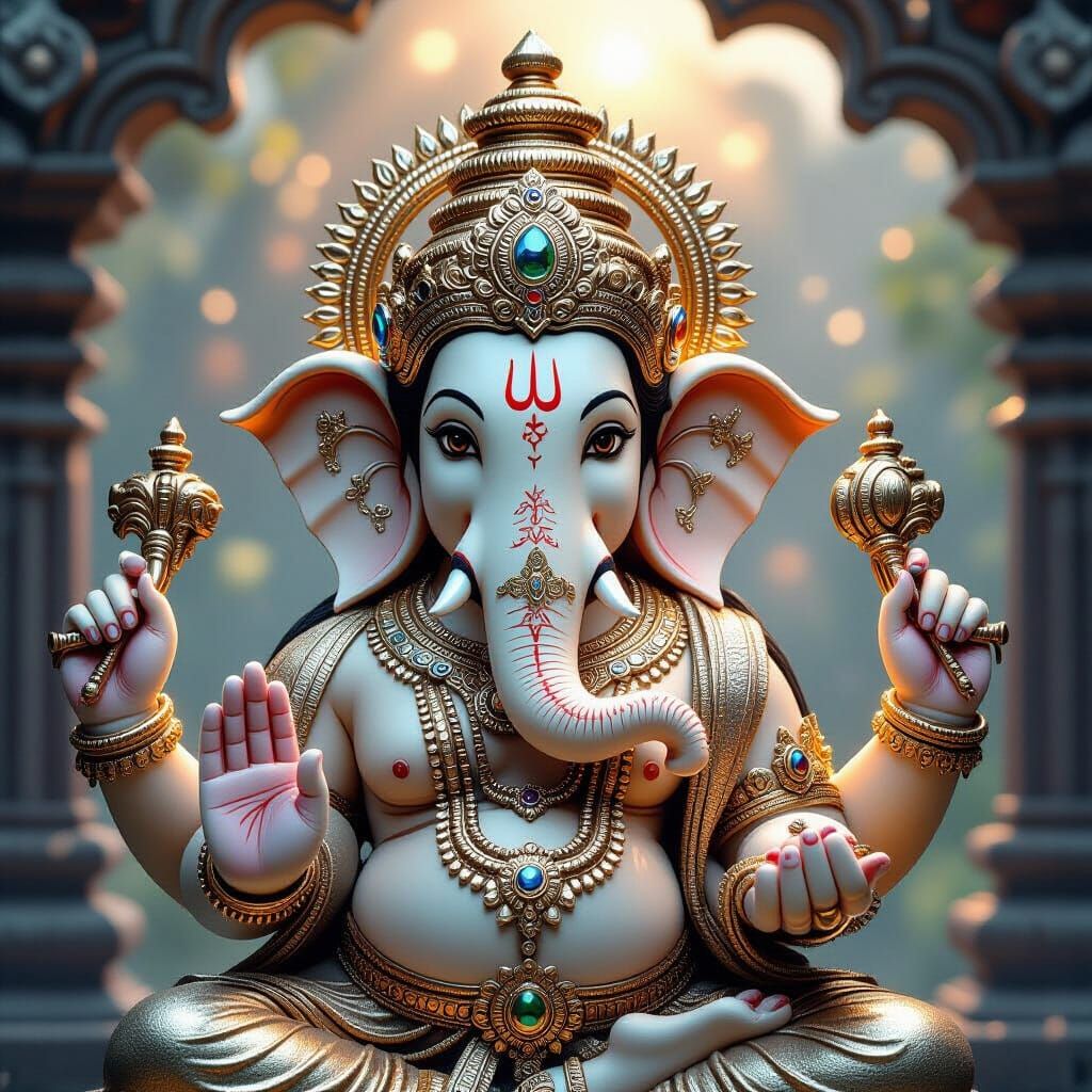 Glistening Metallic Lord Ganesha Sculpture in Digital Art St...