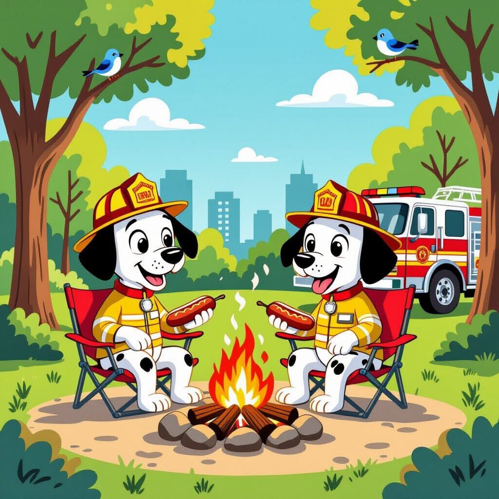 Dalmatian Firefighters Cooking Hot Dogs in Park