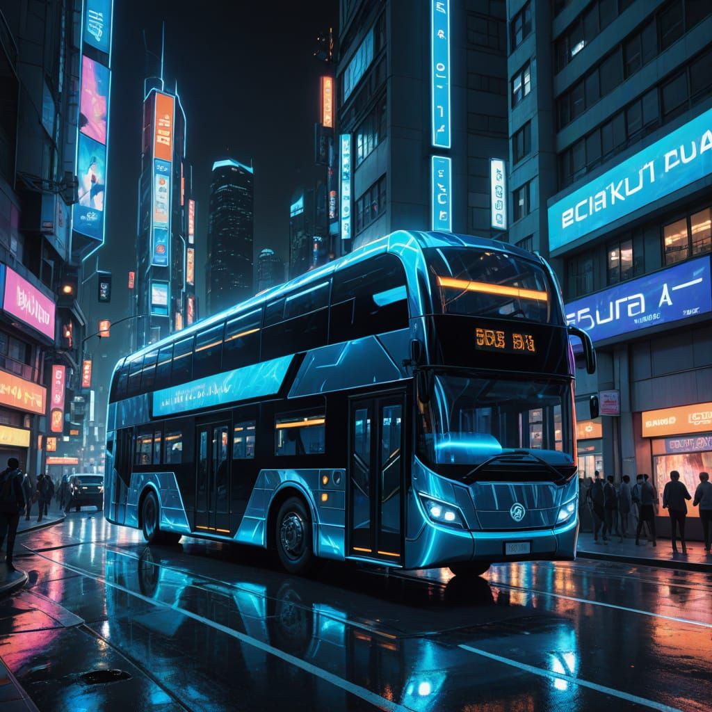 Futuristic Double Decker Bus in Cyberpunk Cityscape