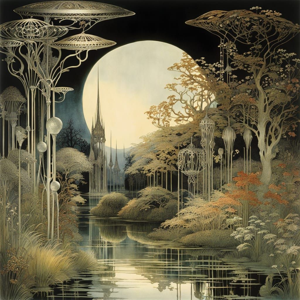 Eerie Metal Fantasy Garden with Gleaming Sculptures