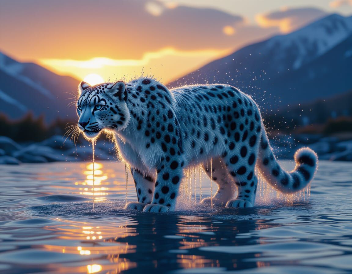 Liquid Snow Leopard Emerges From Sunset River