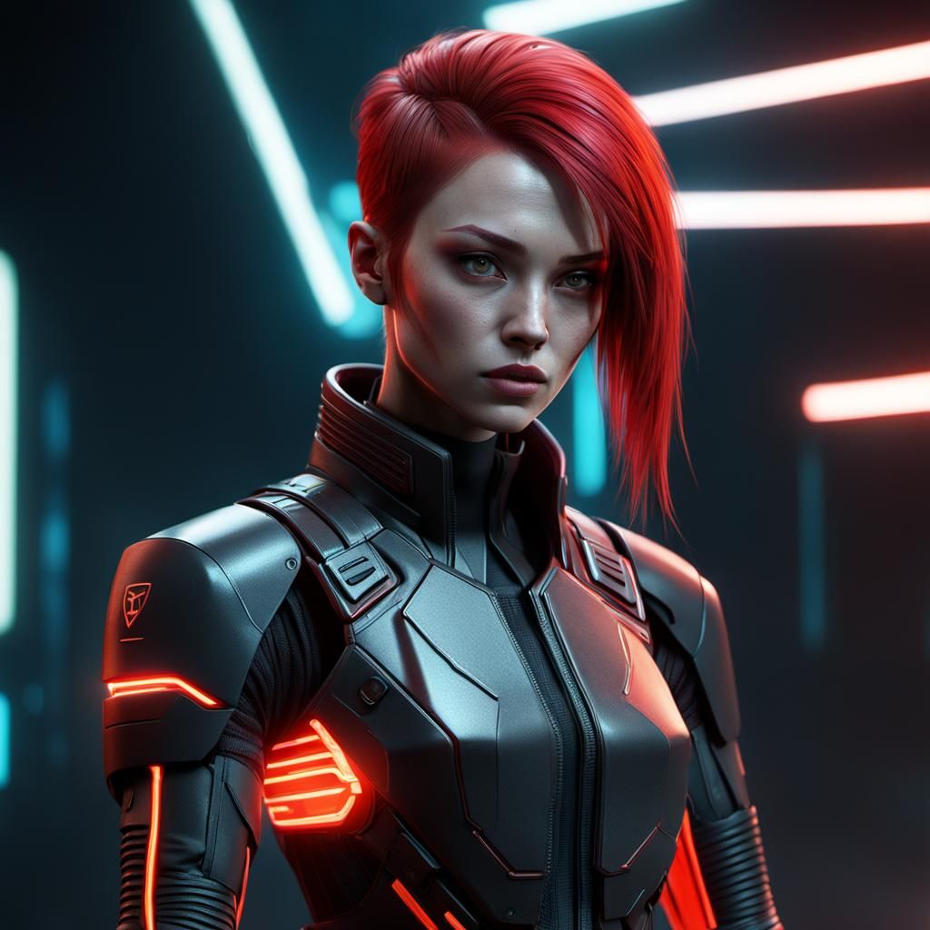 Cyberpunk Alien Girl in Red Battle Suit