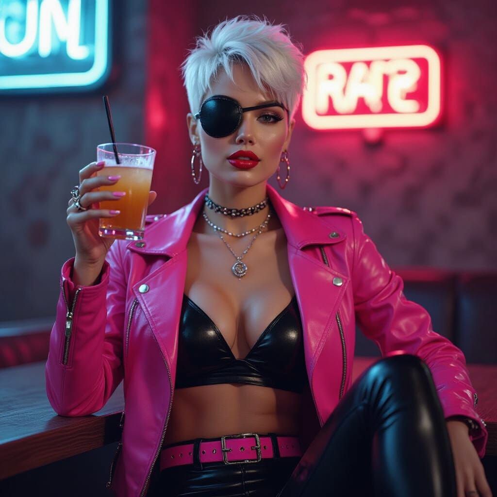 Cyberpunk Woman Teasingly Holds Drink in Photorealistic Styl...