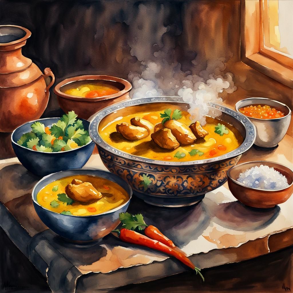 Watercolor Curry Bowl: Impressionist Indian Food Art