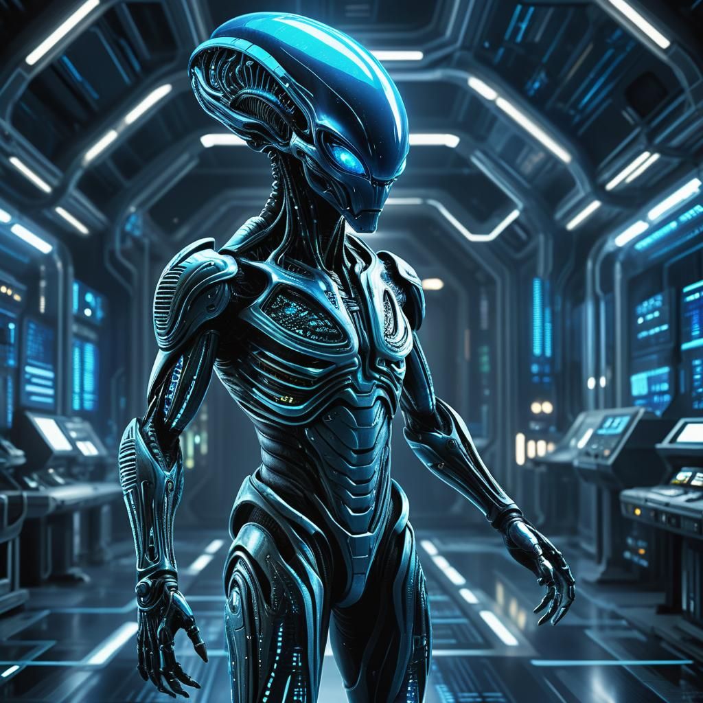 Alien in Futuristic Lab, Sci-Fi 3D Render