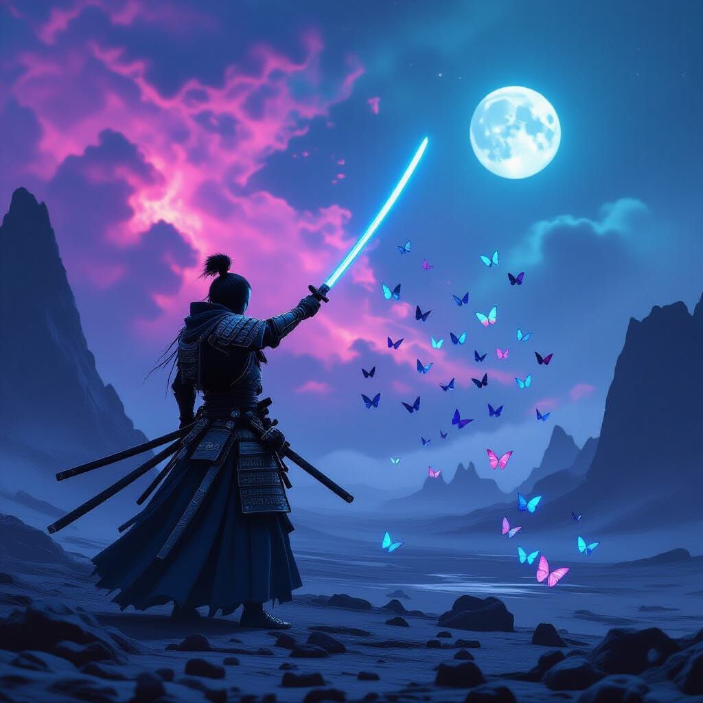 Samurai Warrior on Alien Planet with Glowing Katana
