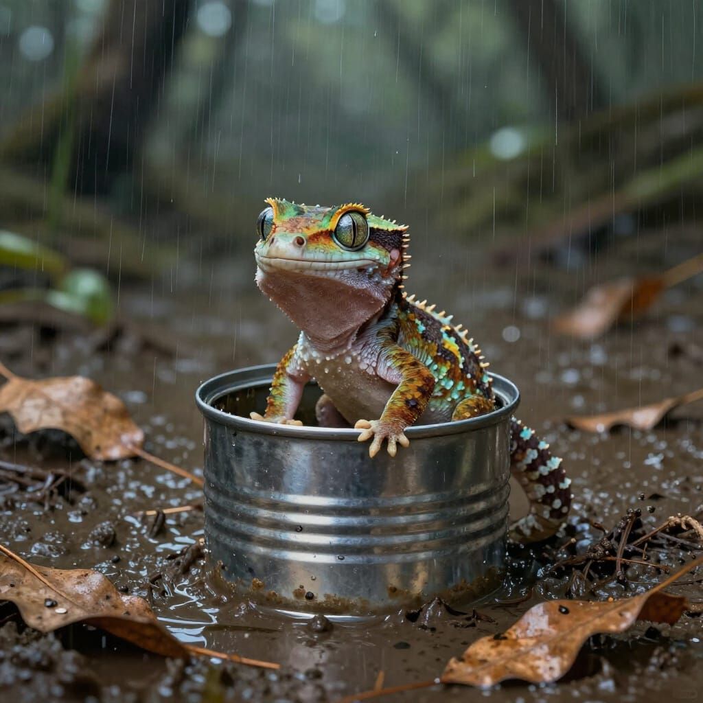 Gecko in Sausage Can on Rainy Day