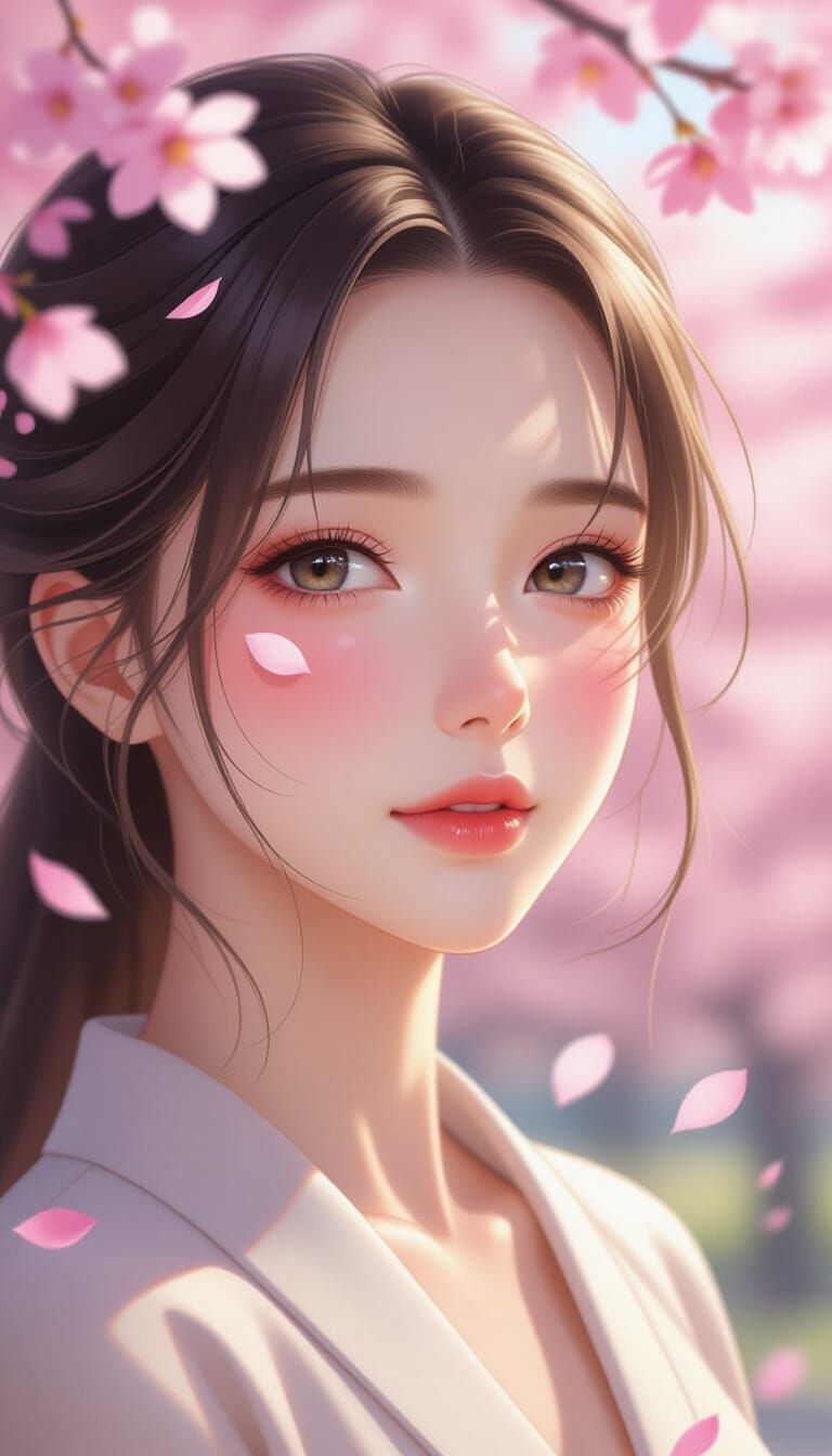 Serene Anime Woman with Cherry Blossoms in Hyperrealism