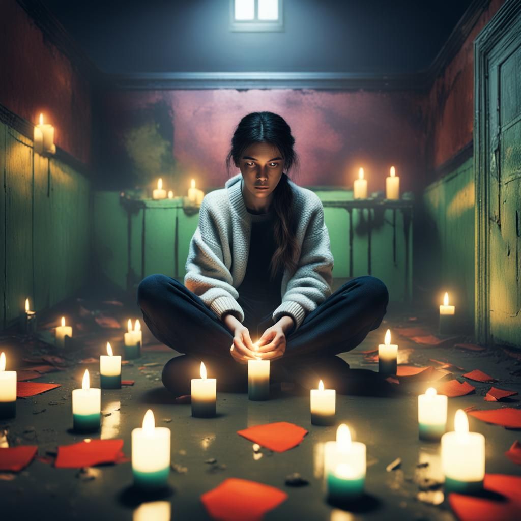 Melancholy Woman Sheltering by Candlelight in Darkness