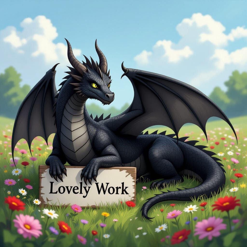 Black Dragon Rests on Flower Field with 'Lovely Work' Sign