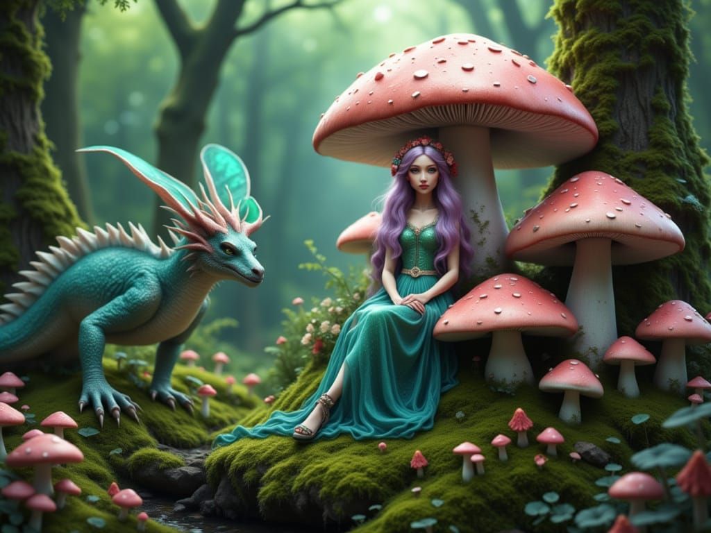 Fairy Feeds Jade Dragon on Giant Mushroom