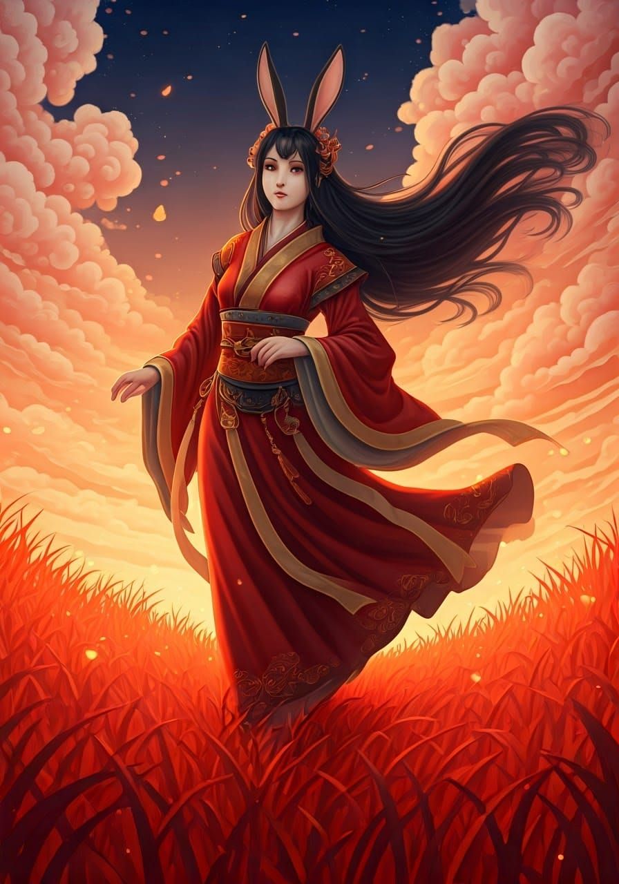 Chinese Zodiac Rabbit Goddess in Dreamlike Field