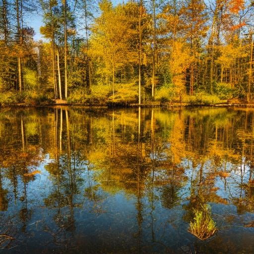 Forest Lake with Golden Light and Morning Mist