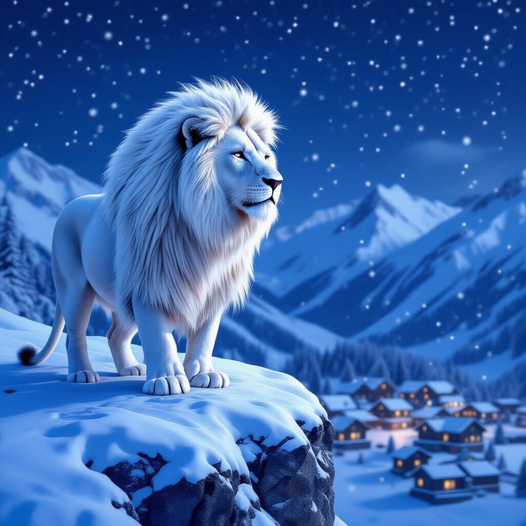 Icy Lion Overlooks Alaskan Village: Photorealistic Style