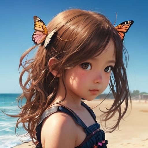 Girl at Beach with Butterfly: Hyperrealistic Splash Art
