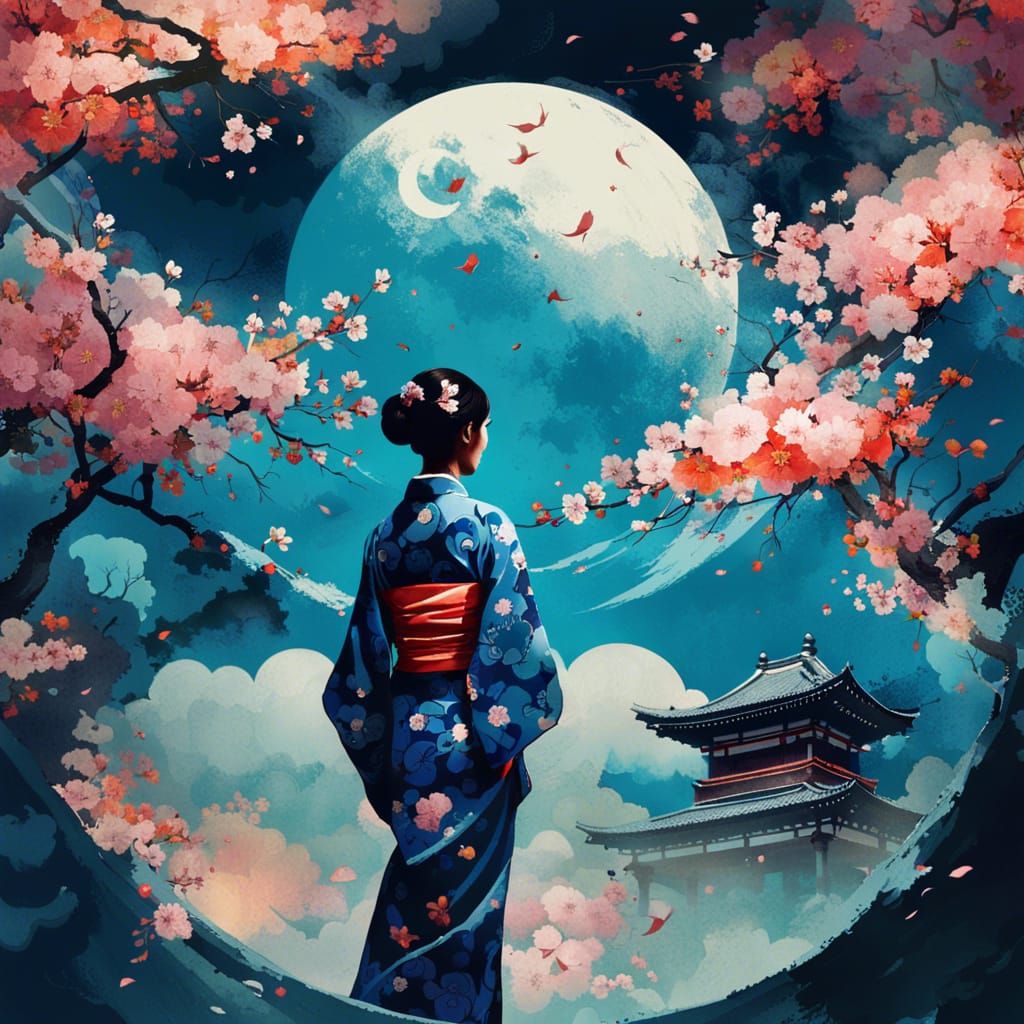 Kimono in Sakura Garden: Surreal Splash Art