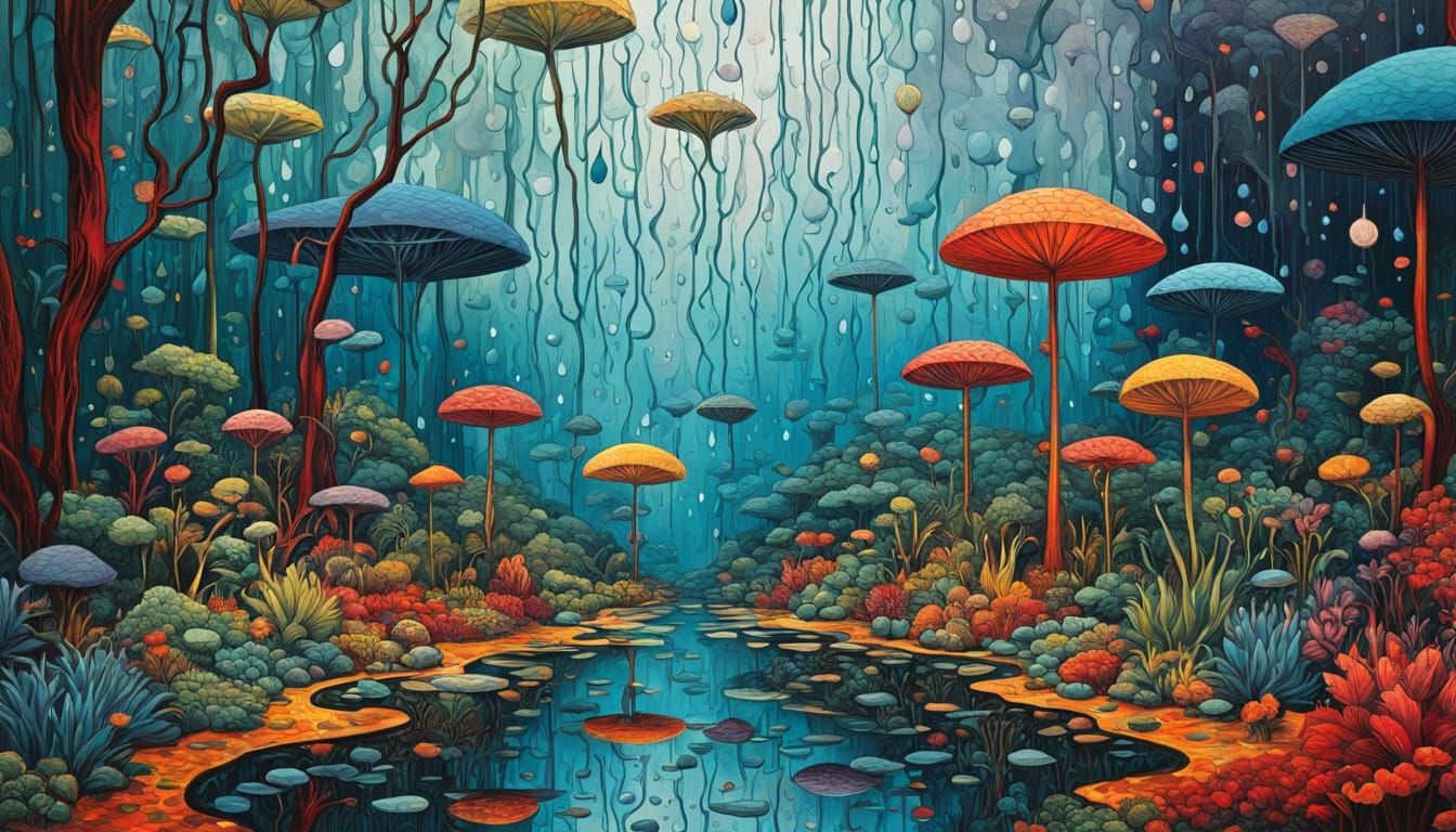 Surreal Stained Glass Garden with Mythical Creatures