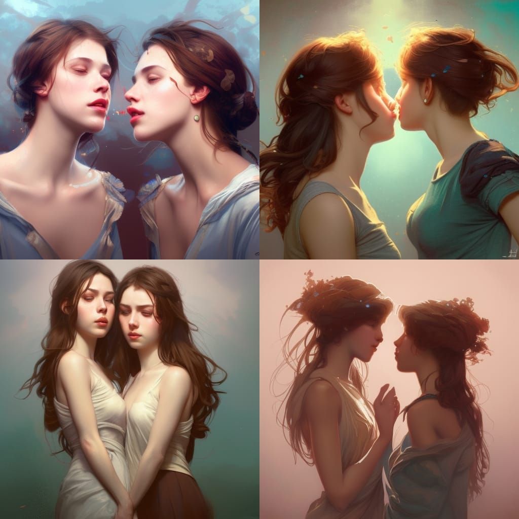 Two Girls Kissing: Hyperdetailed Portrait