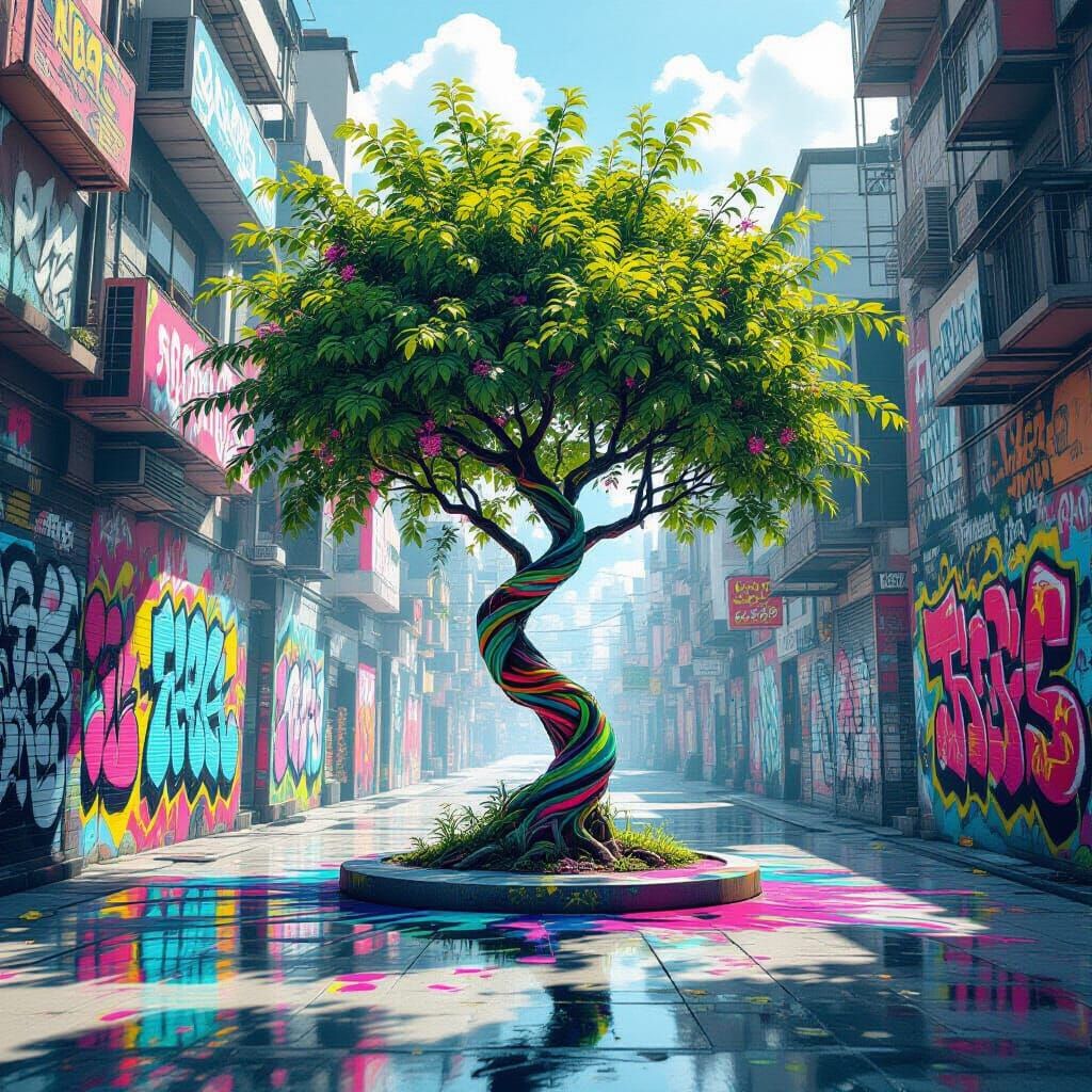 Zero Gravity Vine Tree in Polychromatic Street Art Style