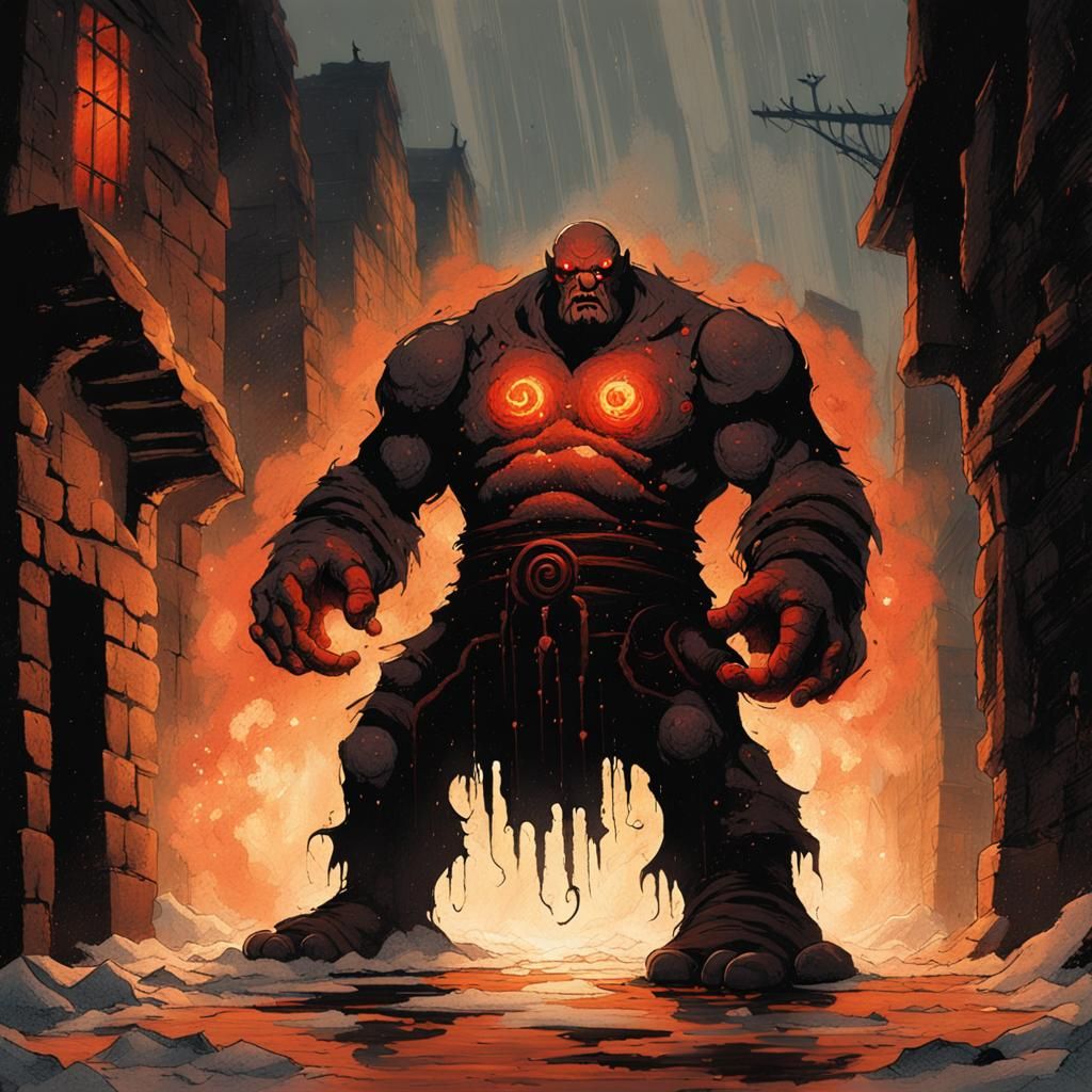 Dark Fantasy Golem in Dim Alleyway