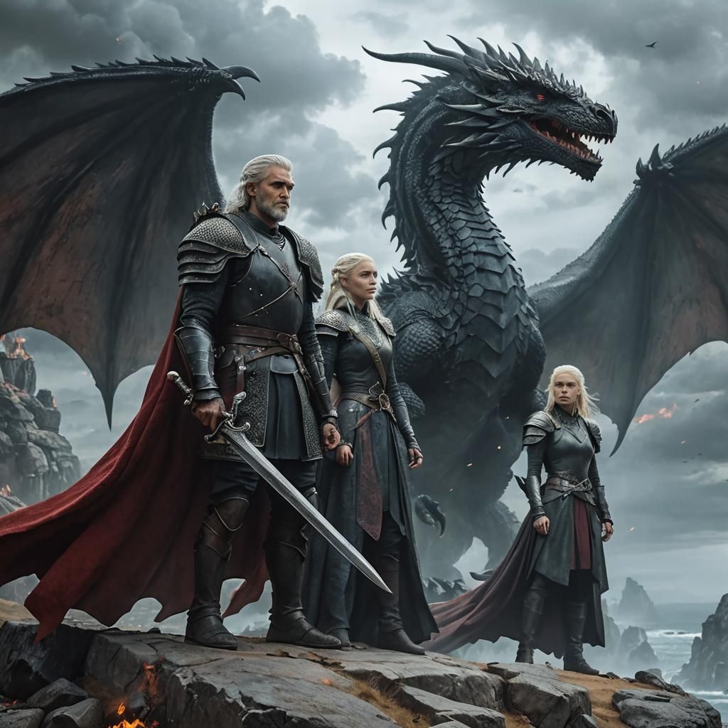 Aegon, Visenya and Rhaenys with Dragons