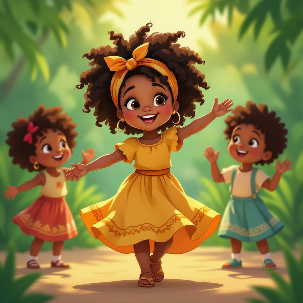 Caribbean Girl Dancing with Friends: Animation Cel Style