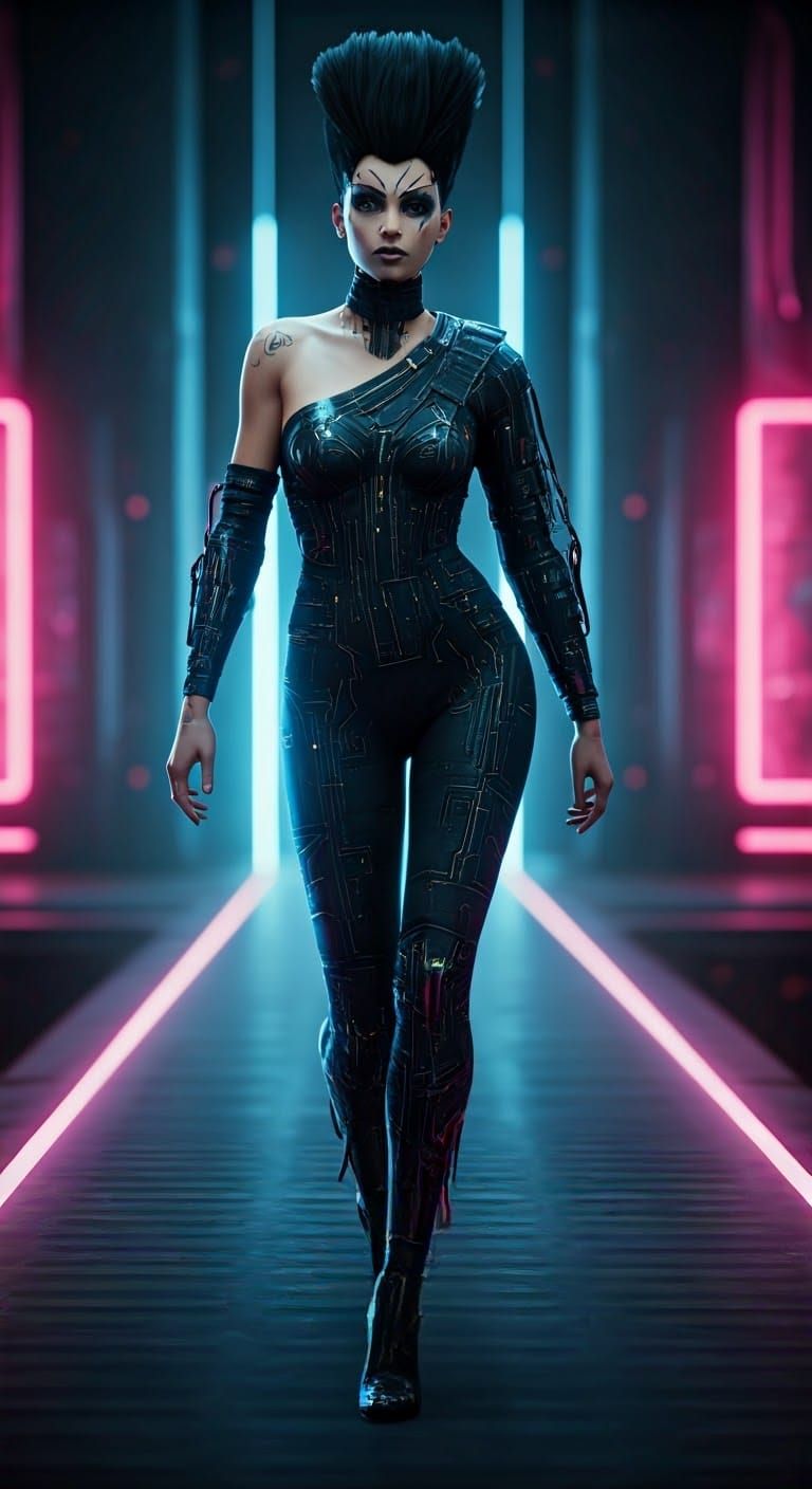 Futuristic Fashion Model Walks Catwalk in High-Tech Jumpsuit