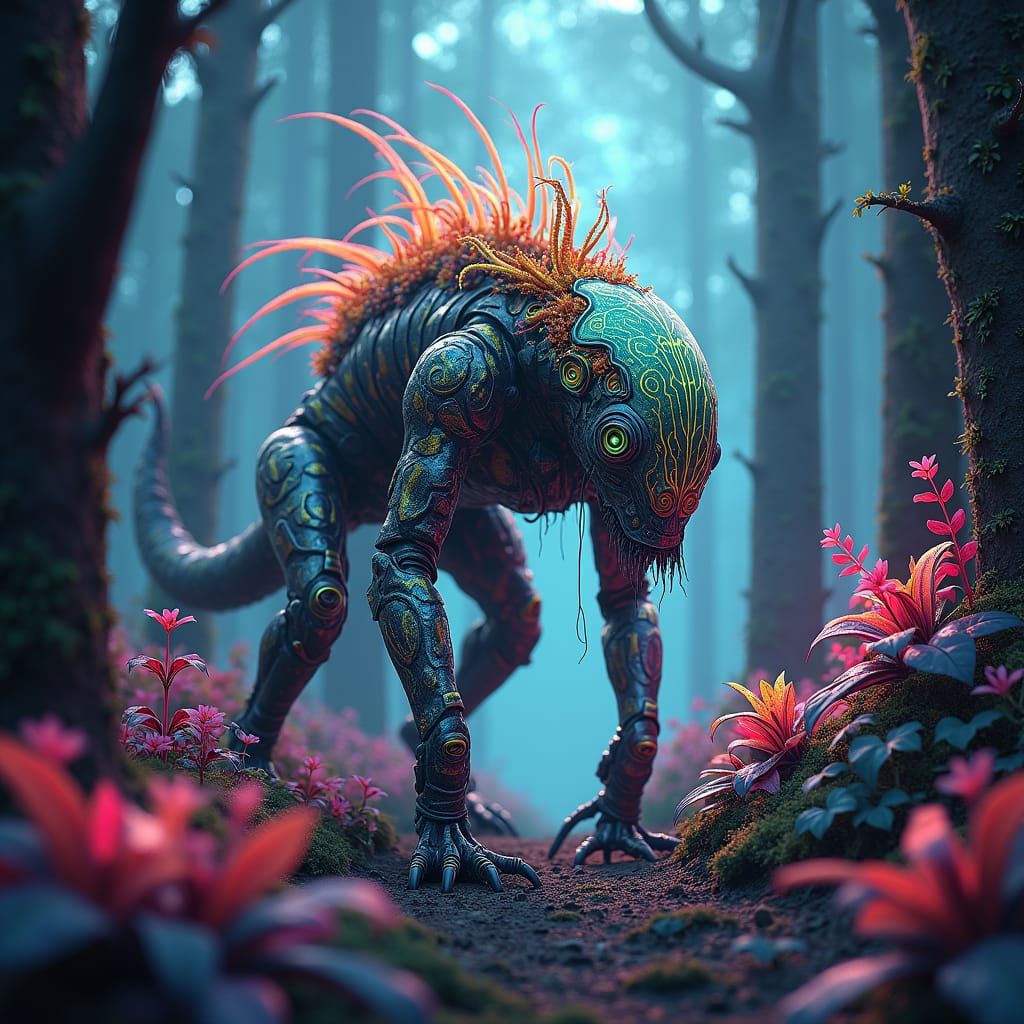 Psychedelic Mechanical Creature in Futuristic Forest