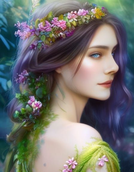 Beautiful Dryad with Green Braids and Maple Tree