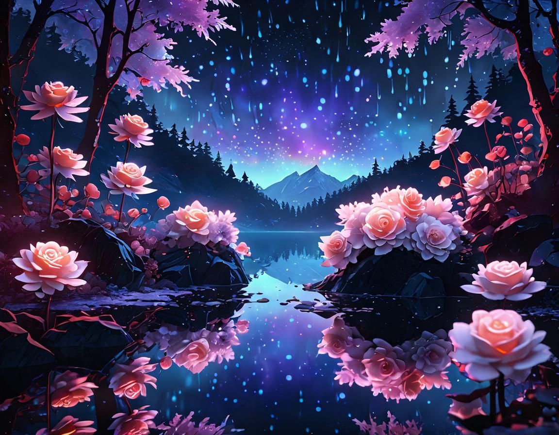 Neon Crystal Geode Lake with Holographic Snowflakes